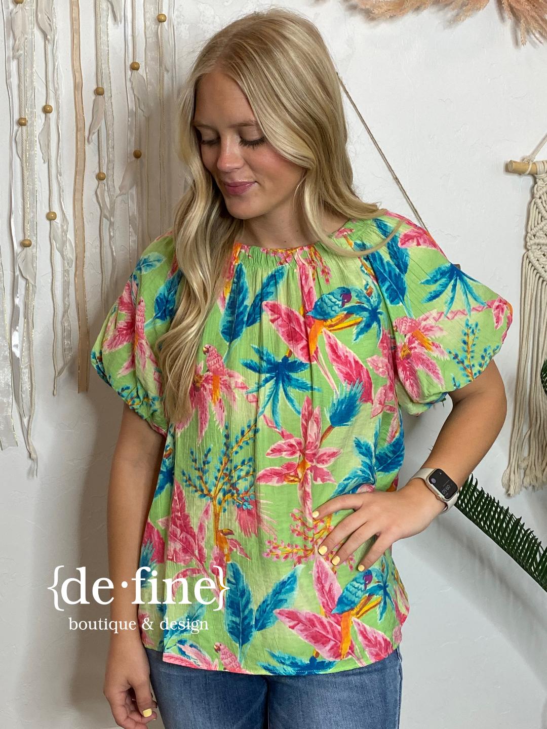 Tropic Like It's Hot Lime Blouse with Tie Back