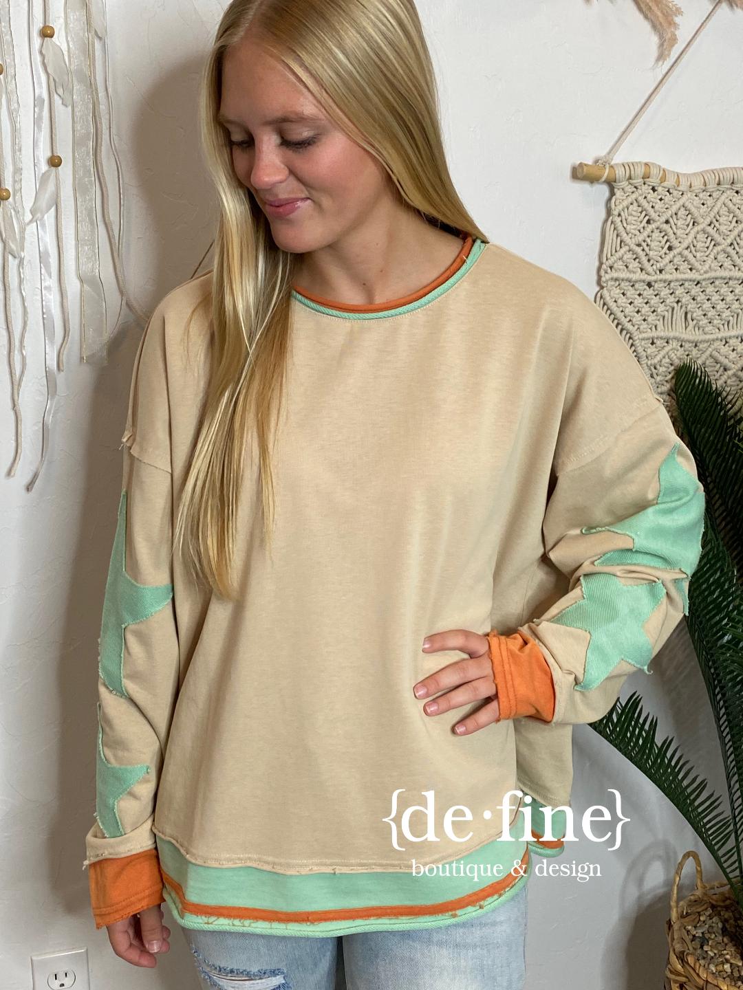 Taupe with Orange and Turquoise Stars Sweatshirt