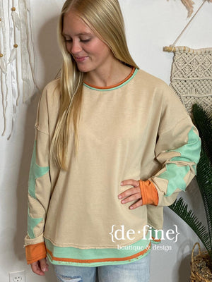 Taupe with Orange and Turquoise Stars Sweatshirt