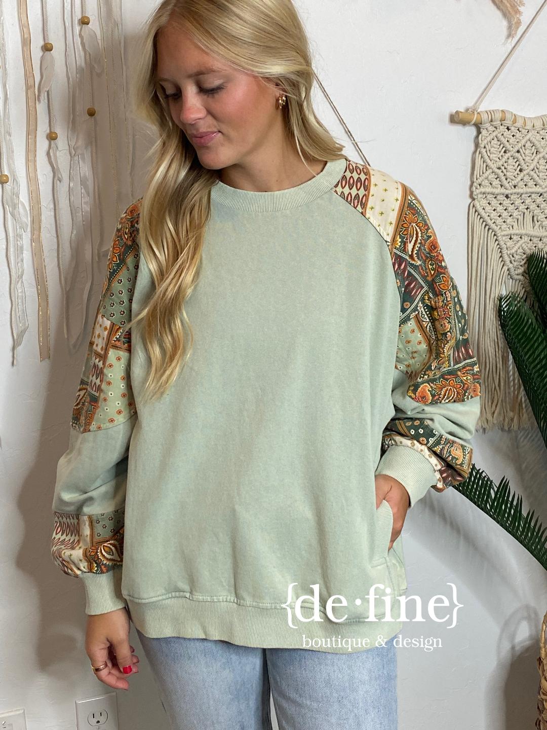 Sage or Khaki Top with Mixed Sleeves in Regular or Curvy