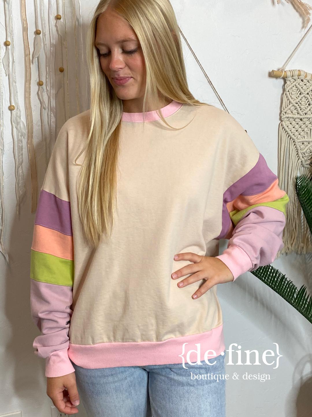 Tan Sweatshirt with Multi Striped Arms