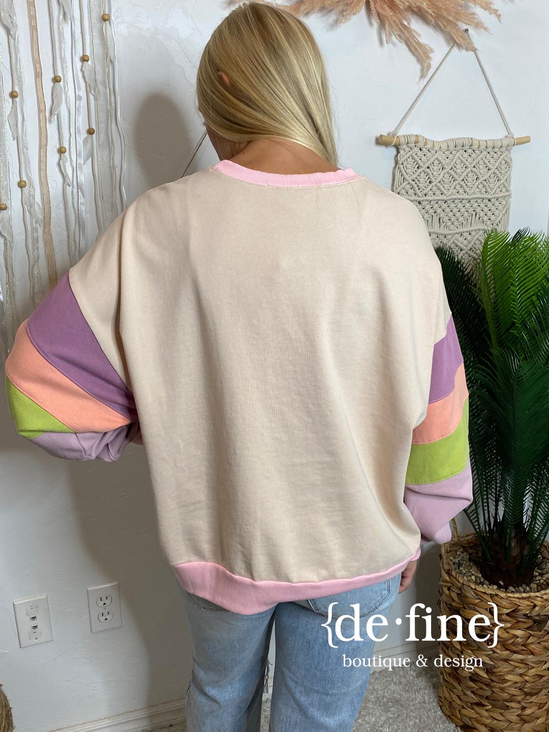 Tan Sweatshirt with Multi Striped Arms