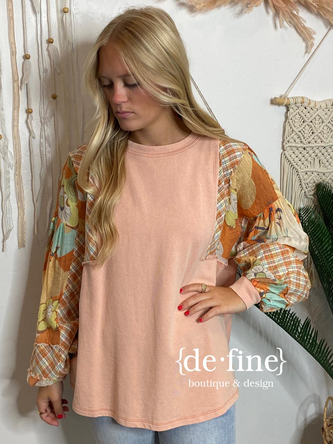 Peach Crew Neck Top with Mixed Sleeves in Curvy