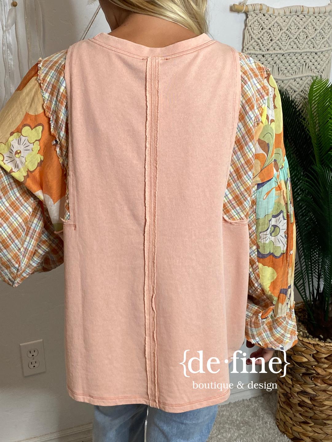 Peach Crew Neck Top with Mixed Sleeves in Curvy