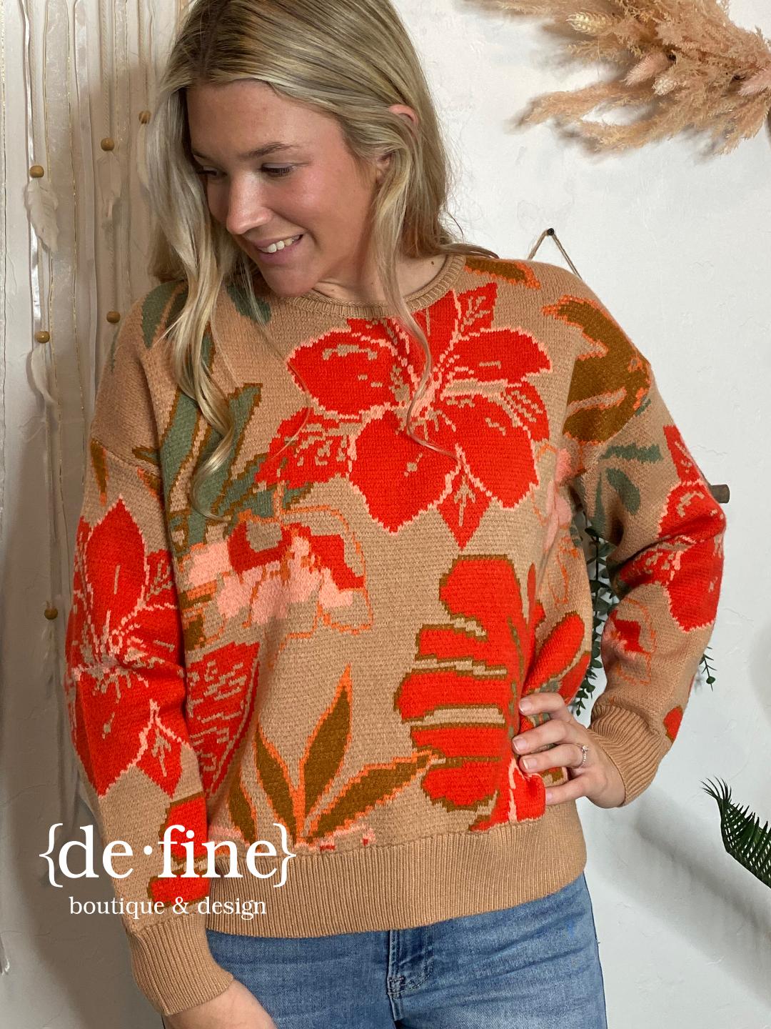 Khaki and Orange Floral Sweater