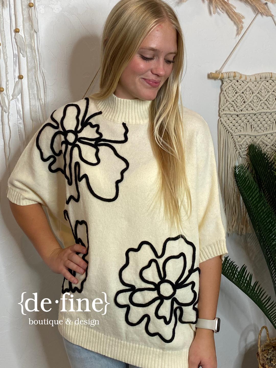 Ivory Short Sleeve Sweater with Black Floral Applique