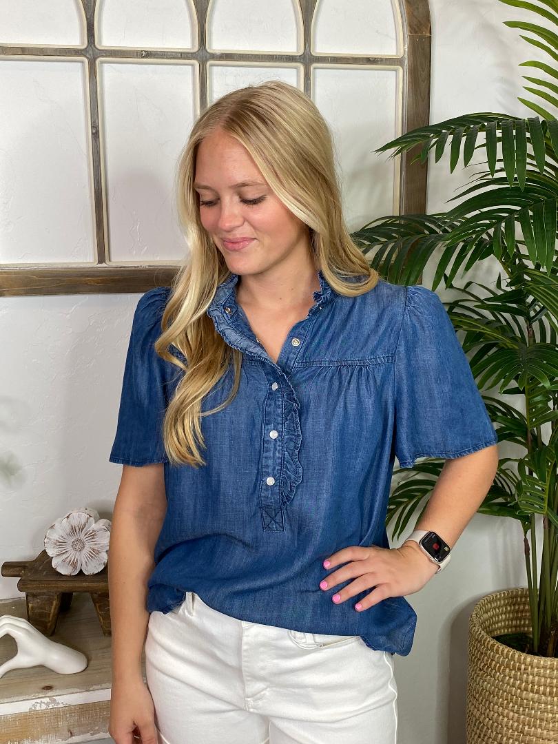 Dark Denim Ruffle Button Up Top