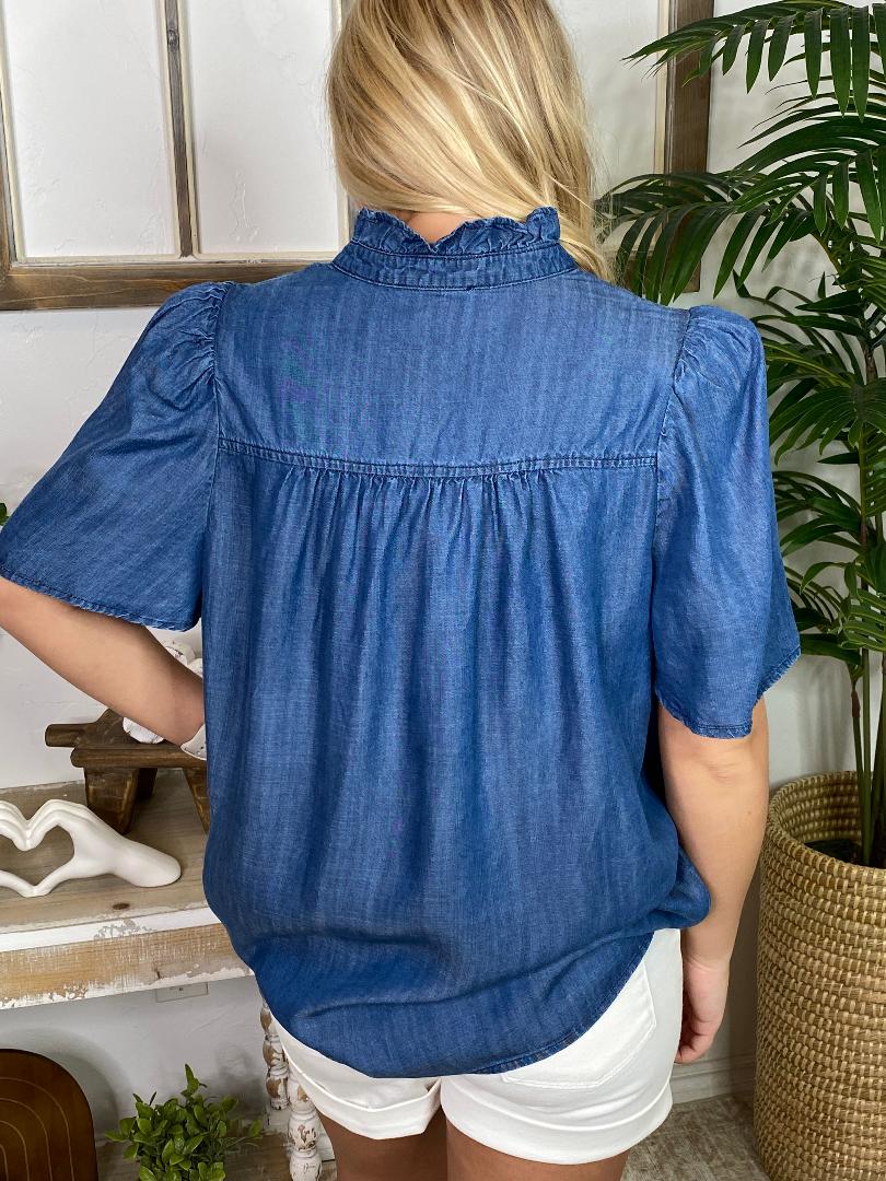 Dark Denim Ruffle Button Up Top