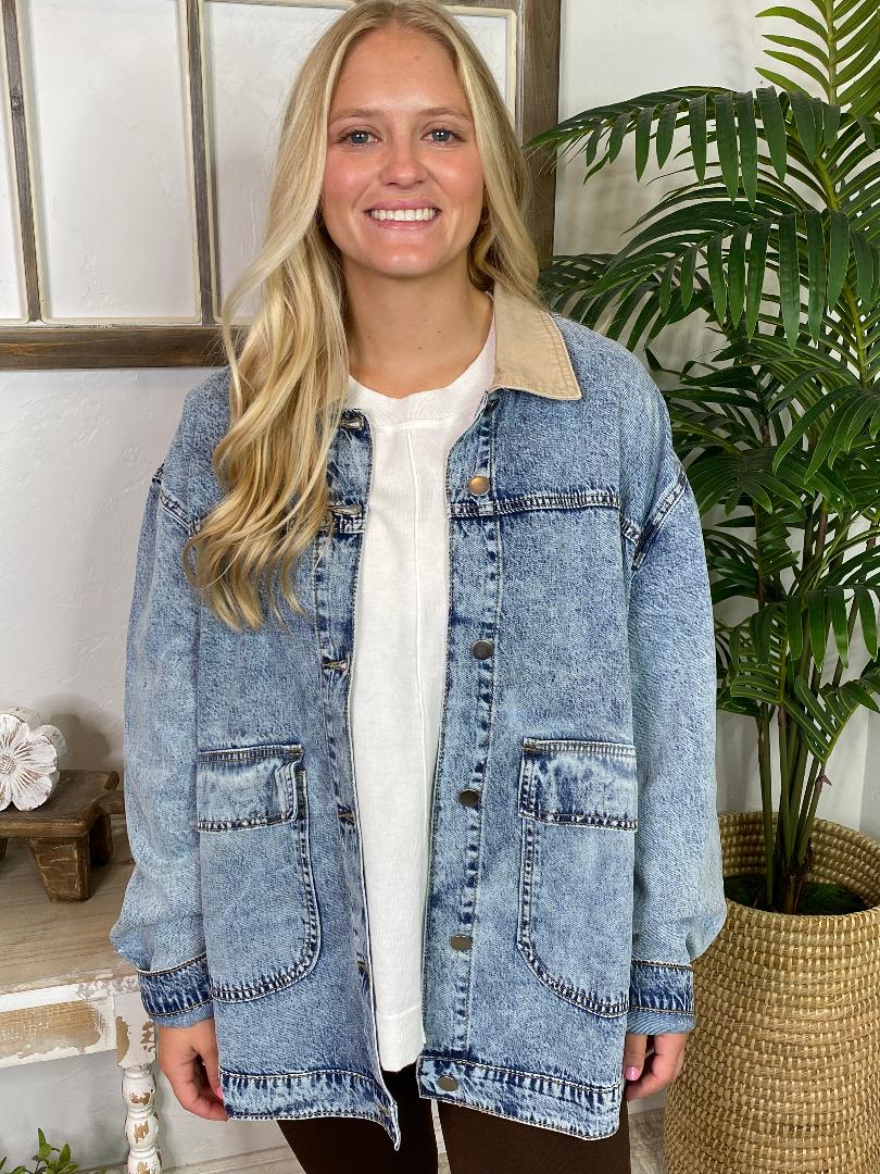 Mineral Washed Denim Barn Coat with Tan Collar