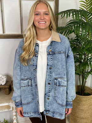 Mineral Washed Denim Barn Coat with Tan Collar