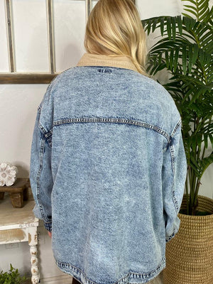 Mineral Washed Denim Barn Coat with Tan Collar