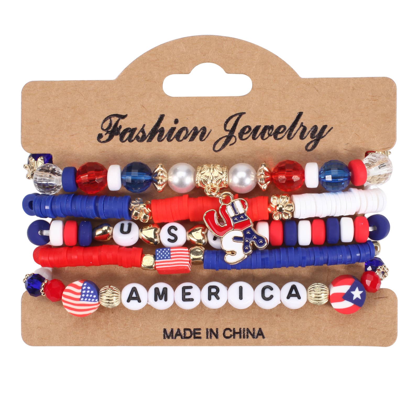 USA America 4th of July Red White Blue Flag Beaded Bracelet Set