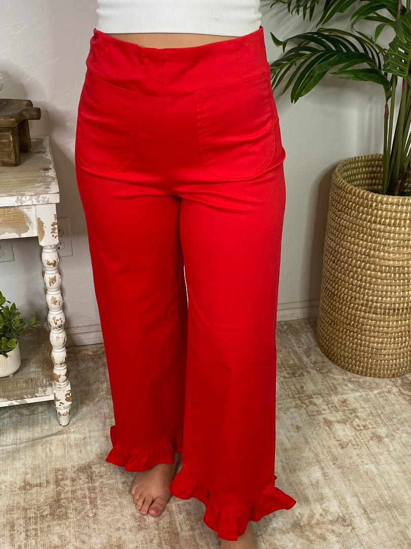 Straight Leg Ruffled Hem Pants in Red, Black or Taupe