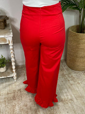 Straight Leg Ruffled Hem Pants in Red, Black or Taupe
