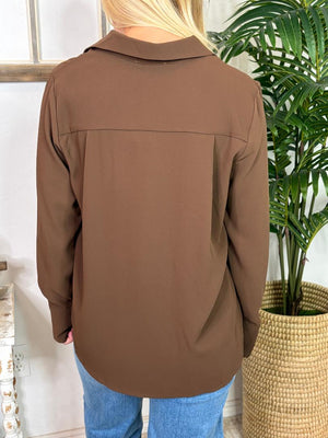 Collared V-Neck Blouse in Bone, Black or Brown
