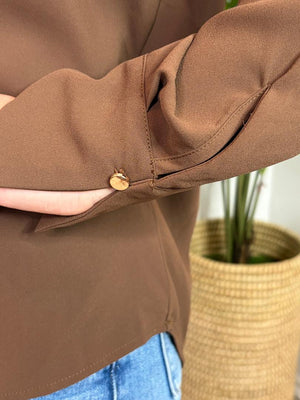 Collared V-Neck Blouse in Bone, Black or Brown