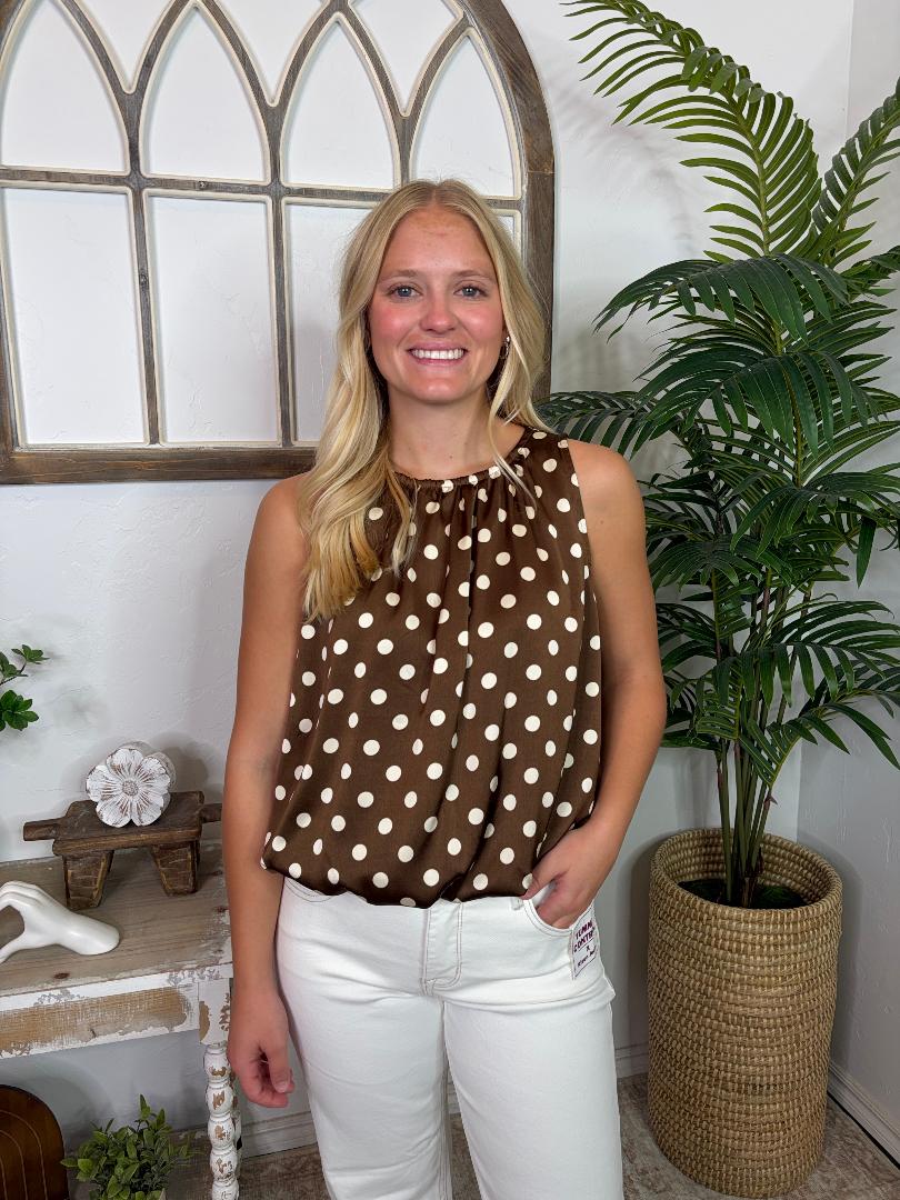 Cream/Black or Brown/Cream Polka Dot Sleeveless Bubble Top