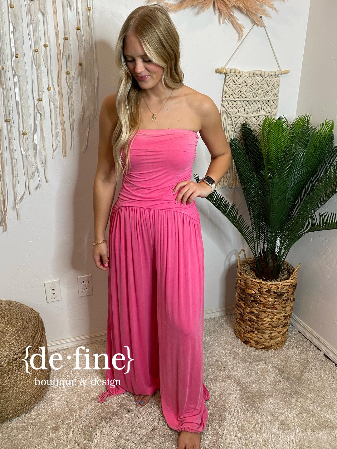 Mineral Washed Strapless Jumpsuit in Hot Pink