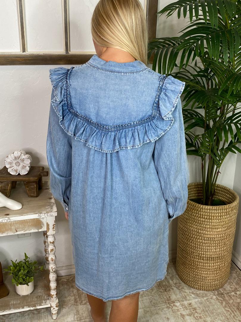 Ruffled Denim Dress with Long Sleeves