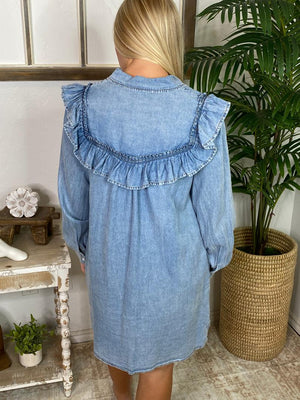 Ruffled Denim Dress with Long Sleeves
