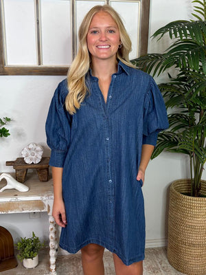 Denim Button Down Puff Sleeve Mini Dress