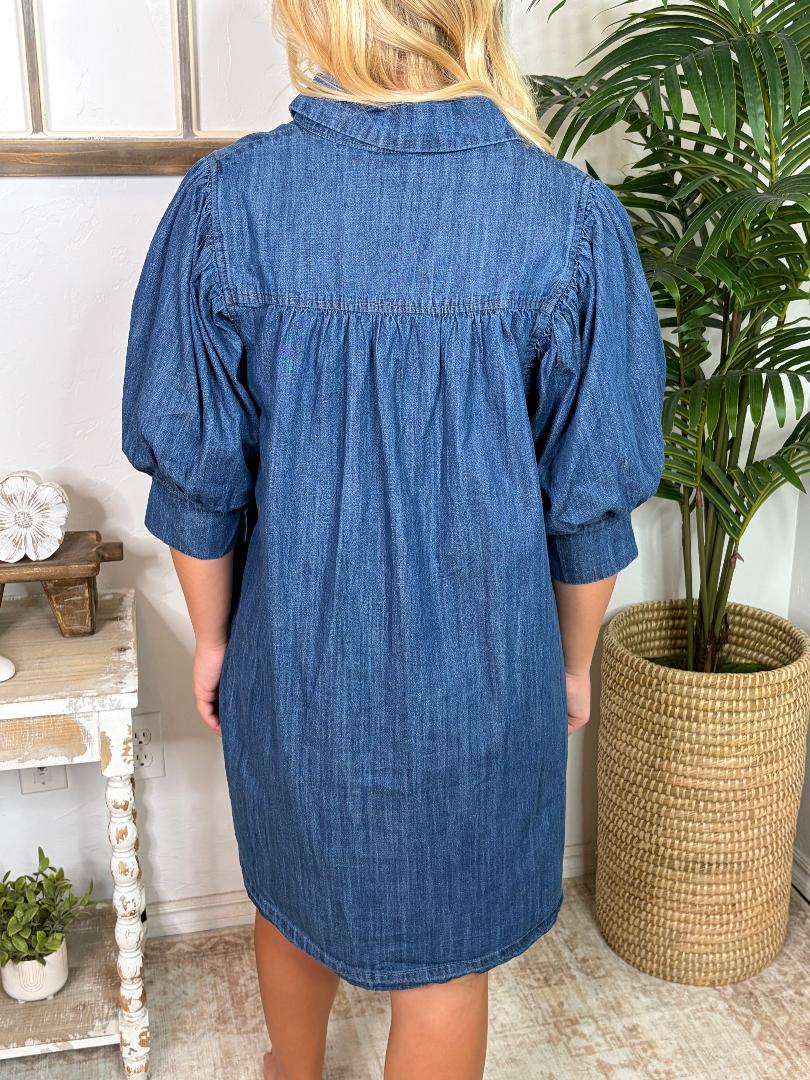 Denim Button Down Puff Sleeve Mini Dress