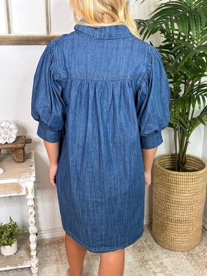 Denim Button Down Puff Sleeve Mini Dress