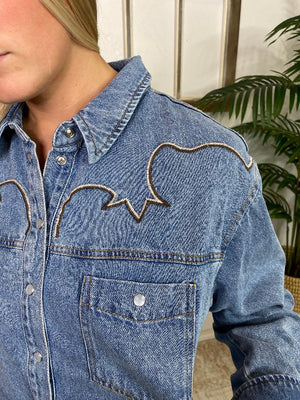 Western Yoke Embroidered Denim Dress