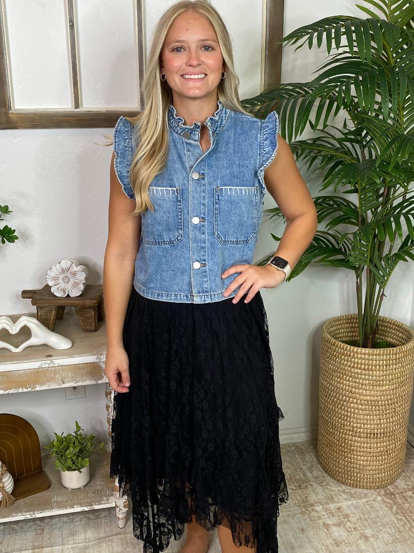 Denim Ruffle Stitch Button Down Vest