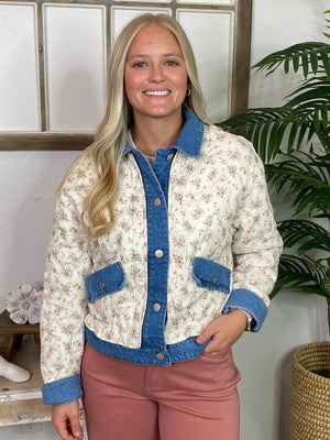 Floral and Washed Denim Jacket