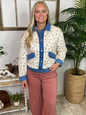 Floral and Washed Denim Jacket