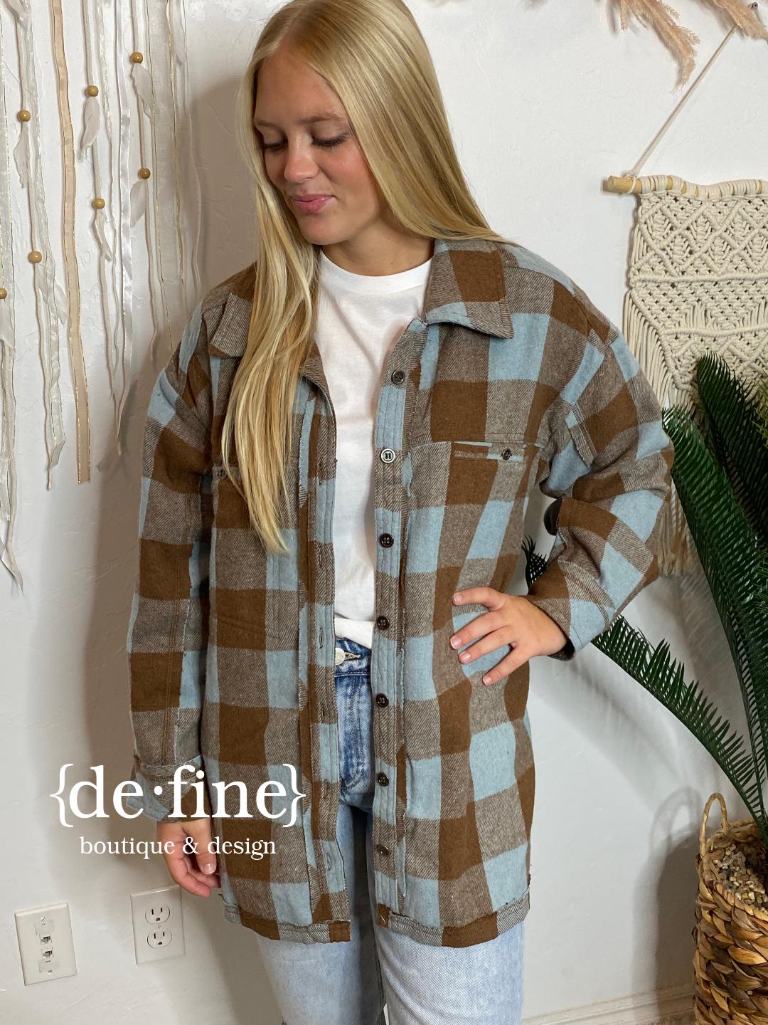 Brown and Sky Blue Plaid Shacket