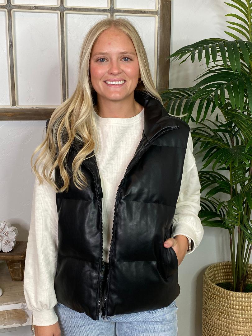 Black Vegan Leather Puffer Vest