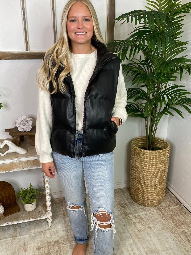 Black Vegan Leather Puffer Vest