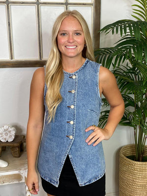 Denim Button Down Long Vest