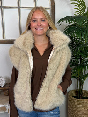 Almond Faux Fur Zip Front Vest