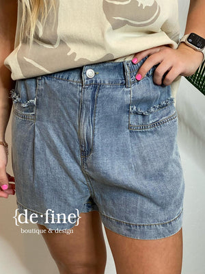 Stone Washed Chambray Shorts with Frayed Pockets - Relaxed Fit