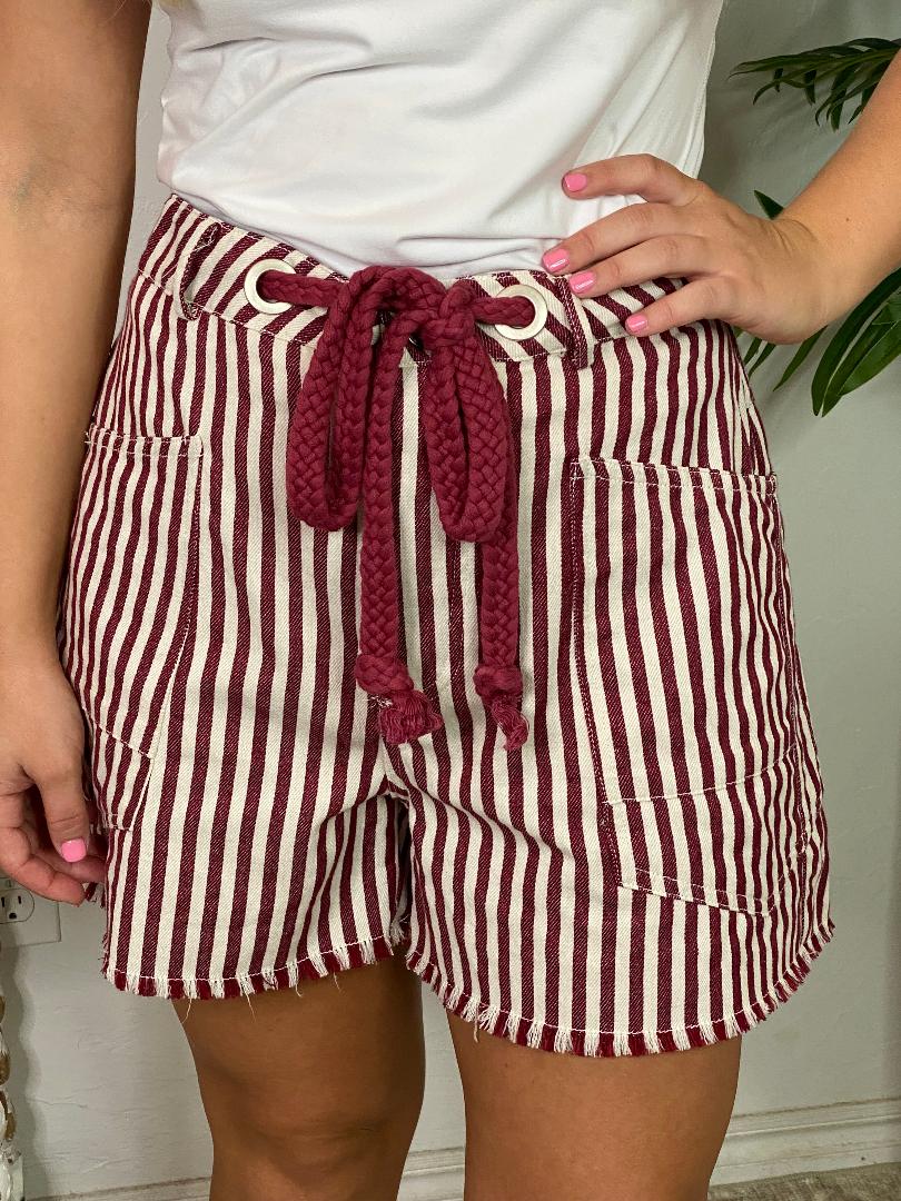 Mineral Washed Baggy Striped Shorts with Rope Belt in Red or Navy