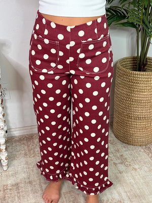 Wine Polka Dot Ruffle Hem Pants