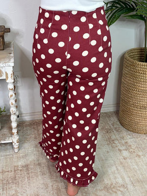 Wine Polka Dot Ruffle Hem Pants