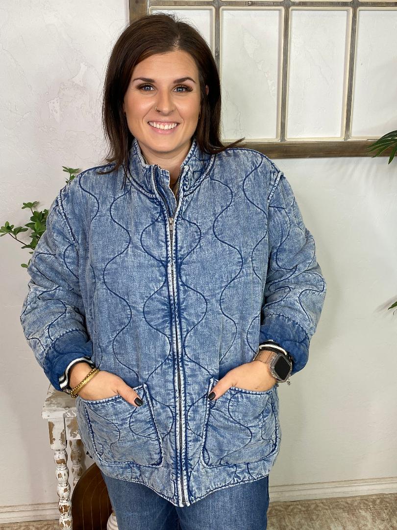 Curvy Washed Denim Quilted Jacket