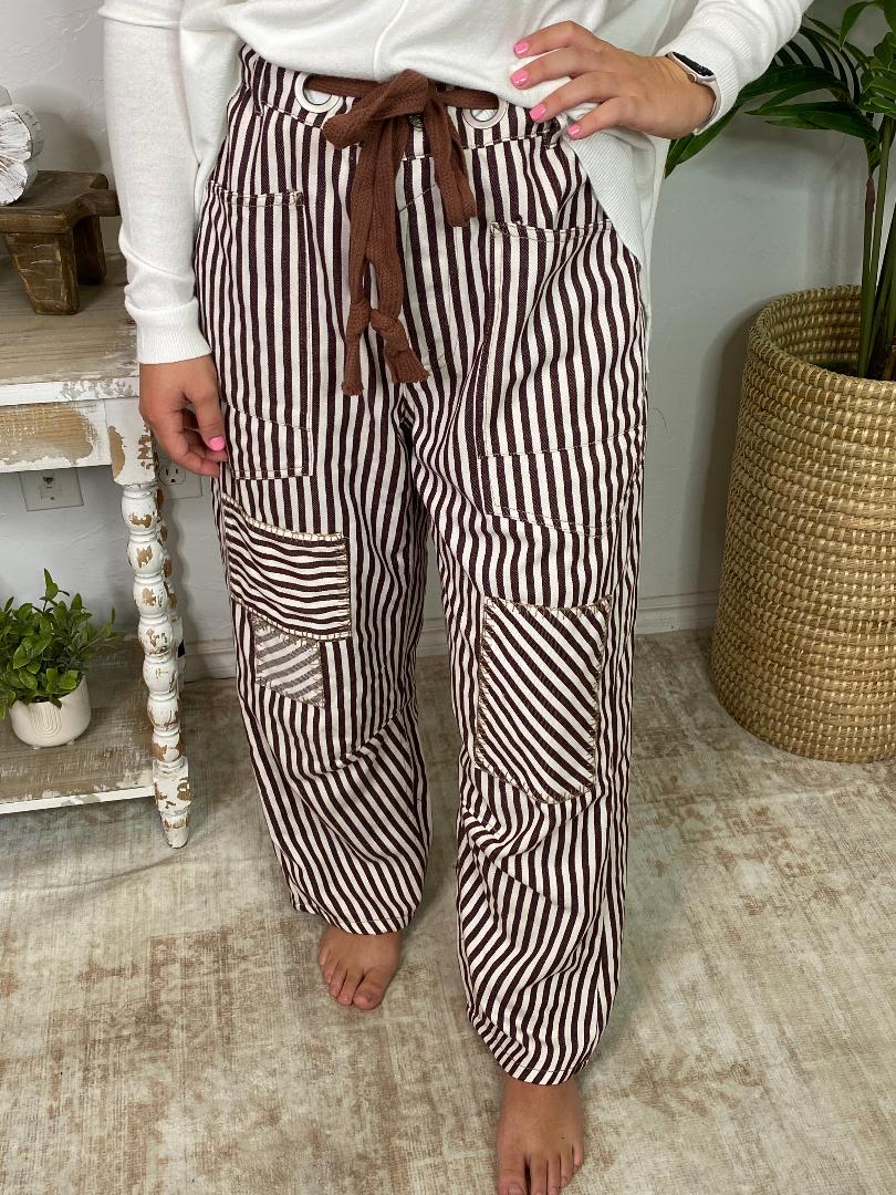 Brown Striped Barrel Pants