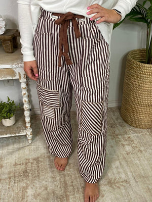 Brown Striped Barrel Pants