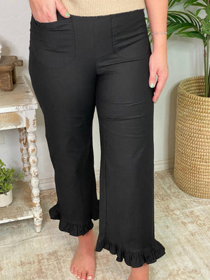 Straight Leg Ruffled Hem Pants in Red, Black or Taupe