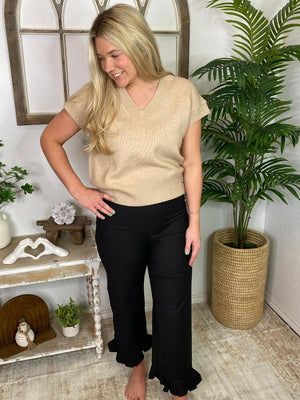 Straight Leg Ruffled Hem Pants in Red, Black or Taupe