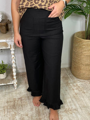 Straight Leg Ruffled Hem Pants in Red, Black or Taupe