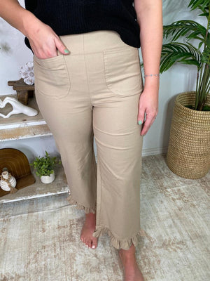 Straight Leg Ruffled Hem Pants in Red, Black or Taupe