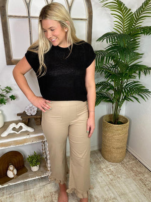 Straight Leg Ruffled Hem Pants in Red, Black or Taupe