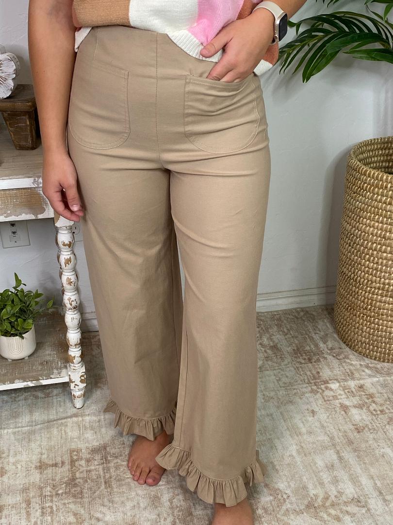 Straight Leg Ruffled Hem Pants in Red, Black or Taupe