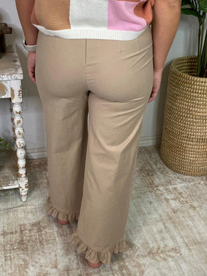 Straight Leg Ruffled Hem Pants in Red, Black or Taupe